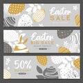 Holiday Easter background with easter eggs and flowers. Set of Easter sale bannes. Royalty Free Stock Photo