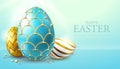 Holiday Easter background with golden and blue easter eggs. Faberge egg. Greeting card or poster.