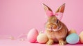 Holiday easter rabbit with bow sitting around decorated easter eggs isolated on neutral pink background Royalty Free Stock Photo