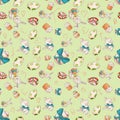 Holiday Easter seamless illustration pattern contour color drawing rabbits and eggs Doodle style for decoration design green