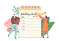 Holiday Event Organization. Couple Planning Wedding, Tiny Male and Female Characters at Huge Planner Filling Checklist