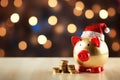 Holiday finance with a piggy bank wearing a Santa hat, surrounded by coins, against a backdrop of festive bokeh lights. Savings