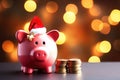 Holiday finance with a piggy bank wearing a Santa hat, surrounded by coins, against a backdrop of festive bokeh lights. Savings