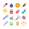 Holiday fire crackers, sparklers, fireworks and pyrotechnics flat vector icons Royalty Free Stock Photo
