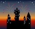 Holiday firework in evening sky. Silhouette of beautiful ÃÂastle. Vector illustration Royalty Free Stock Photo