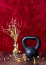 Holiday fitness, black kettlebell with gold star twinkle lights, gold decoration with stars against a red background