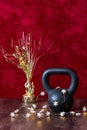 Holiday fitness, black kettlebell with white snowflake twinkle lights, gold decoration with stars against a red background