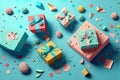 Holiday flat lay with gift boxes wrapped in colorful paper and tied with bows on blue background. Generative AI Royalty Free Stock Photo