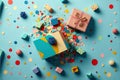 Holiday flat lay with gift boxes wrapped in colorful paper and tied with bows on blue background. Generative AI Royalty Free Stock Photo