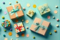 Holiday flat lay with gift boxes wrapped in colorful paper and tied with bows on blue background. Generative AI Royalty Free Stock Photo