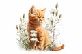little red kitten with flowers on white background, illustration, watercolor drawing Royalty Free Stock Photo