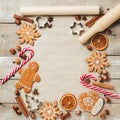 Holiday food background for baking gingerbread cookies. Vintage paper sheet for christmas recipe. Text space, top view. Royalty Free Stock Photo