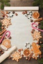 Holiday food background for baking gingerbread cookies. Vintage paper sheet for christmas recipe. Text space, top view.