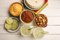 Glasses of Margaritas and chicken taco ingredients fiesta party Royalty Free Stock Photo