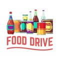 Holiday food drive concept. Canned food for christmas donation charity and homeless helping. Vector illustration Royalty Free Stock Photo