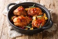 Holiday food hot baked chicken thighs with apples, cranberries and rosemary closeup in a pan. horizontal Royalty Free Stock Photo