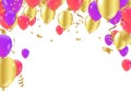 Holiday frame or background with colorful balloon, gift, confetti, silver star, carnival cap and streamer. Royalty Free Stock Photo