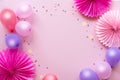 Holiday frame or background with colorful balloon and paper flowers. Flat lay style. Birthday or party greeting card with copy Royalty Free Stock Photo