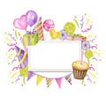 Holiday frame or background with colorful candies, cupcake, balloon, gift, confetti, star, carnival cap and streamer Royalty Free Stock Photo