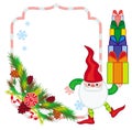 Holiday frame with decorations and Christmas elf. Royalty Free Stock Photo