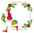 Holiday frame with decorations and Christmas elf. Royalty Free Stock Photo