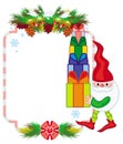 Holiday frame with decorations and Christmas elf. Royalty Free Stock Photo