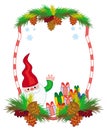 Holiday frame with decorations and Christmas elf. Royalty Free Stock Photo