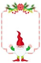 Holiday frame with decorations and Christmas elf. Royalty Free Stock Photo