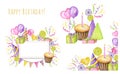 Holiday frame design set with colorful candies, cupcake, balloon, gift, confetti, star, candle, carnival cap and