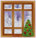 Holiday frosted window with xmas tree, vector