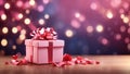 Pink gift box on holiday bokeh background with copy space