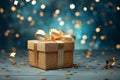 Holiday gift box or present with gold bow ribbon against blue bokeh. Magic Christmas background Royalty Free Stock Photo