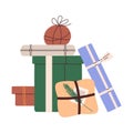 Holiday gift boxes stack in festive wrapping. Lot of present packages decorated with ribbon, bow, string, branch