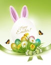 Holiday gift card with easter eggs and spring flowers in grass. Vector Royalty Free Stock Photo