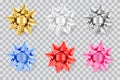 Holiday gift decoration. Realistic 3d round bow ribbons set. Vector design elements. Golden, red, white, blue, pink bows Royalty Free Stock Photo