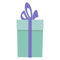 A holiday gift in a green box with a blue bow. Minimalistic joyful surprise in flat style. Gift Box Icon. Vector