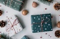 Holiday Gift Packages Wrapped in Festive Paper on a Winter Table