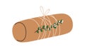 Holiday gift wrapped in brown kraft paper, decorated with eco green decor, natural leaf branch. Christmas present in