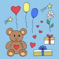 Holiday gifts teddy bear balloons boxes hearts and a flower. Hand drawn set for valentines day and birthday. Doodle Royalty Free Stock Photo