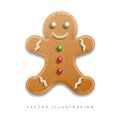Holiday gingerbread man cookie with colored icing, isolated on white. Merry Christmas Holiday. Realistic vector