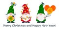 Holiday gnomes vector set. Cute funny elves are holding a Christmas tree toy, garland with stars and lights, balloons with