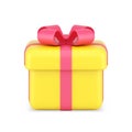 Holiday gold box gift 3d icon. Minimalistic package with red ribbon and bow Royalty Free Stock Photo