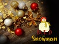 Holiday gold red silver tree balls decoration on brown background snowflakes and blurred yellow light background with wishes quot
