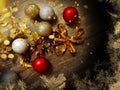 Holiday gold red silver tree balls decoration on brown background snowflakes and blurred yellow light background with wishes quot