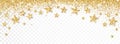 Holiday golden decoration, glitter frame isolated on white. Festive border with falling glitter dust and stars. Royalty Free Stock Photo