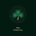 Holiday green background with irish clover in shiny dots and text happy saint Patrick`s day