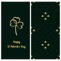 Holiday green set with a postcard with hand drawn golden clover and text happy saint Patrick`s day and clover seamless patt