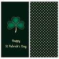 Holiday green set with a postcard with hand drawn silver clover and text happy saint Patrick`s day and clover seamless patt