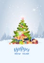 Holiday Greeting Card Christmas Tree Over Snowy Winter Forest Happy New Year Concept Royalty Free Stock Photo