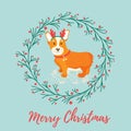 Holiday greeting card with cute corgi dog.